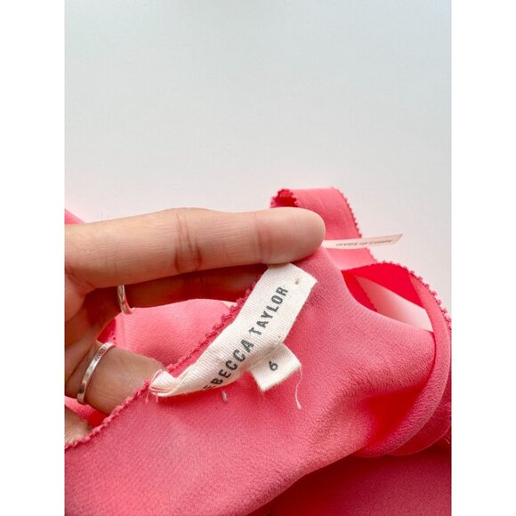 REBECCA TAYLOR Coral Pink Silk Crepe Cascade Ruffle V-Neck Blouse Top, Size 6 - Picture 9 of 12